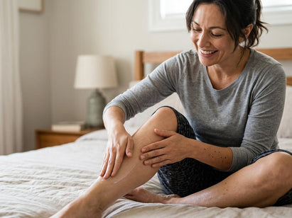 woman sitting on bed applying body lotion to her legs