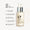 Frosted glass dropper bottle with silver and white top, next to text list of benefits on a pale peach background.